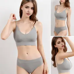 Supportive Bra Wireless Push-up Sport Bra Panties Set for Women Elastic Shoulder Strap Vest Type Underwear with Stretchy Thread