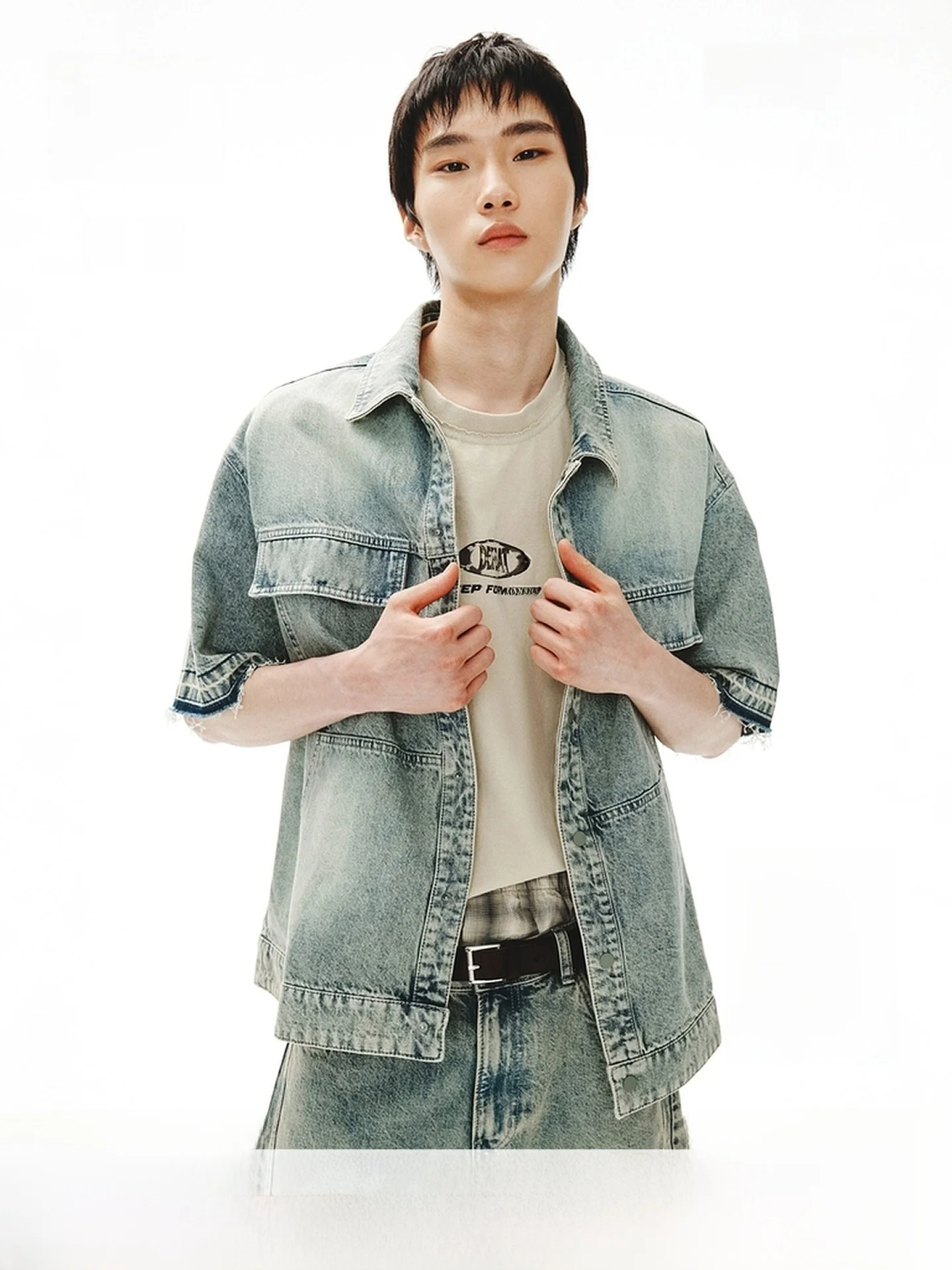 

H&M Men's Loose Short Sleeve Denim Shirt Summer 2026 Cotton Pocket Detail Regular Length Open Cardigan Style Casual Fashion