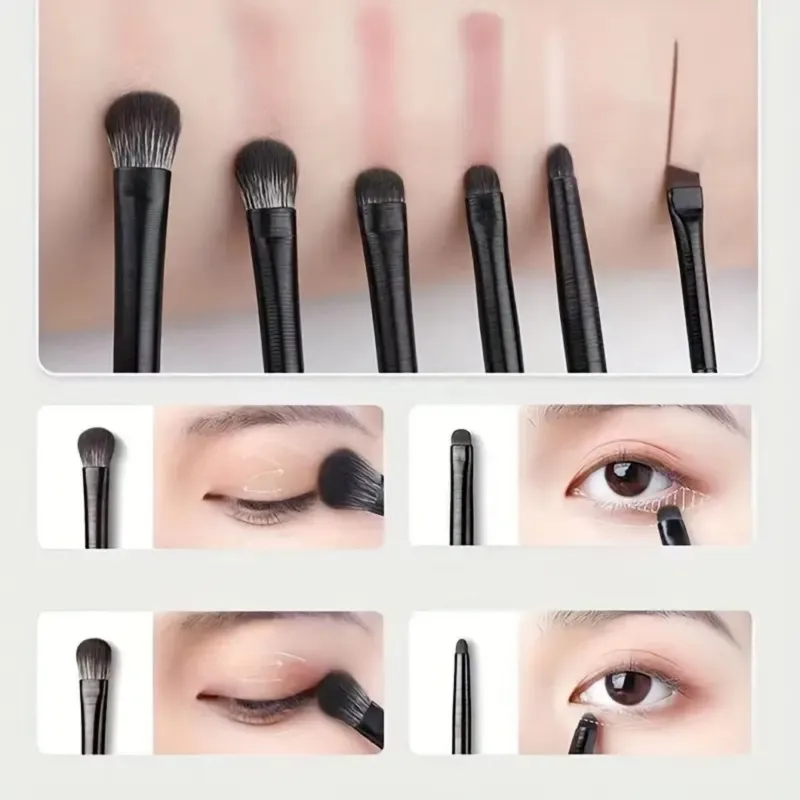 Juego de brochas de maquillaje de ojos negras de 6 piezas: brochas precisas para mezclar, delineador, contorno y definidor de sombras de ojos para looks profesionales