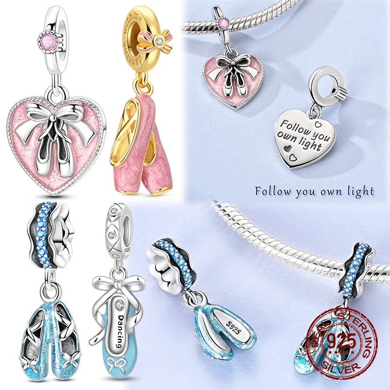 

925 Sterling Silver Ballet Shoes Dangle Charms Pink & Blue Dance Beads Fit Bracelets Dance Lover Jewelry Gift for Women Girls