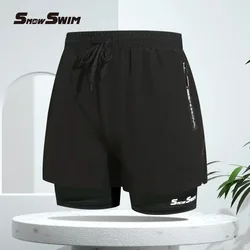 Costume da bagno da uomo Doppio strato ad angolo piatto Costume da bagno anti-imbarazzo ad asciugatura rapida per adulti Pantaloni da spiaggia Kit da nuoto spa