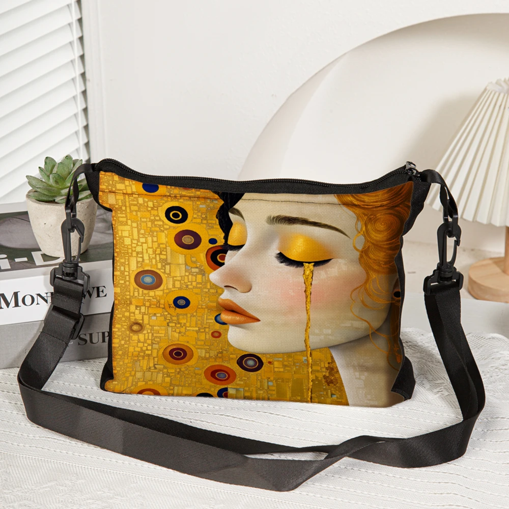 Artistic Print Crossbody Bag Yellow Klimt Inspired Woman Face Pattern Shoulder Bags For Women Fashion Statement Accessory Everyd