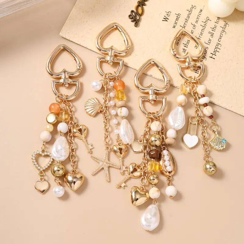New Handmade Beaded Pearl Keychain: Shell Love Heart Key Ring Pendants Women Girls Handbag Decor DIY Chain Jewelry Gift