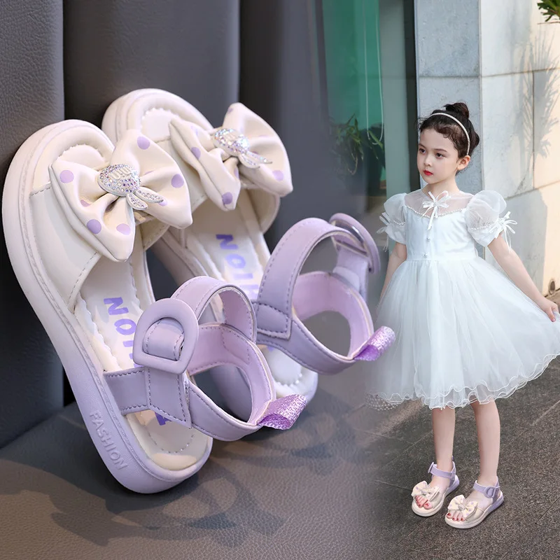 Girls' sandals 2024 summer new little girls and children soft soled bow Princess sandals children's beach shoes kids' sandals