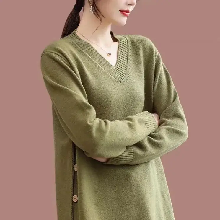 Plus Size 6XL 150kg Winter V Neck Sweater Solid Color Long Sleeve Women Knitted weater Split Big Size Sweater