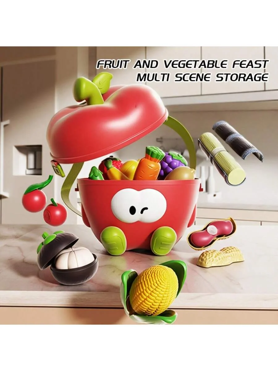 Gioca con gli accessori da cucina, un simpatico contenitore per mele, un cibo da gioco per bambini, un regalo di compleanno
