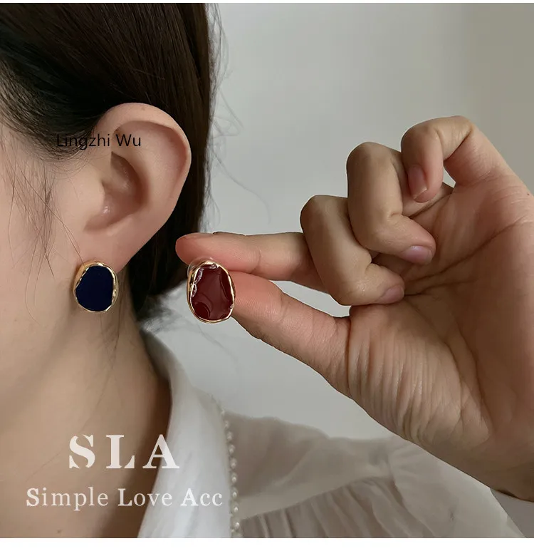 Lingzhi Wu-Geometric Silver Earrings, Wine Red, French Influencer, Top Quality, New Arrival, Summer