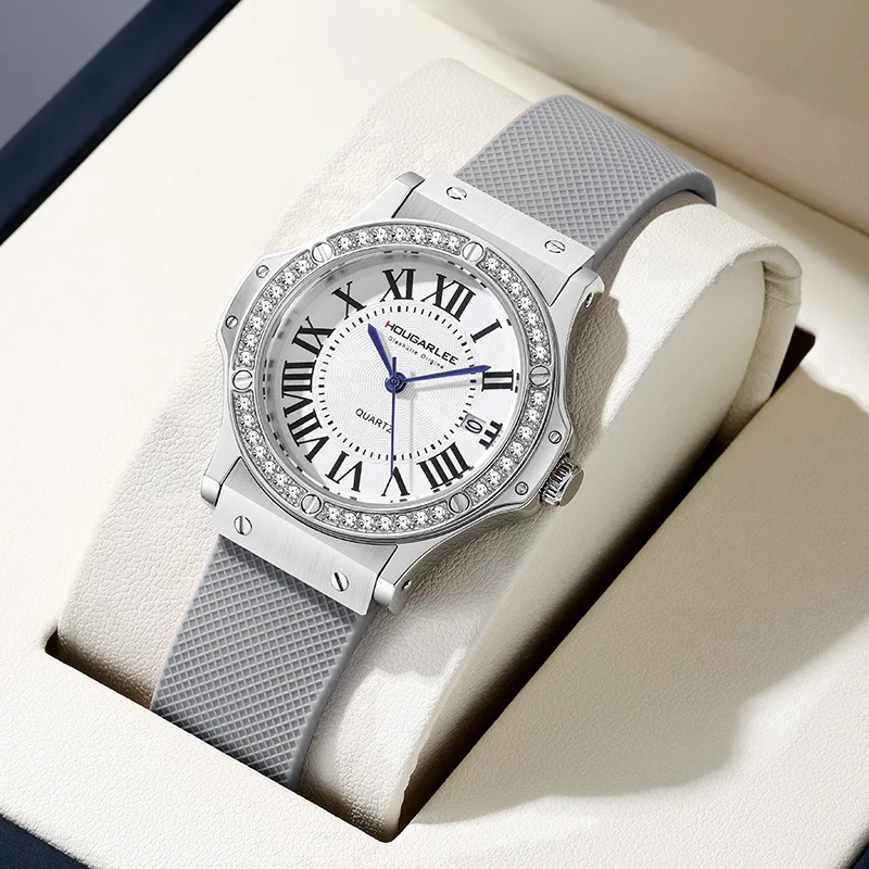 Quartz Watch for Woman Ultra Thin Series 33.5mm Diameter 10mm Thickness Steel Case Silicone Strap 50m Waterproof