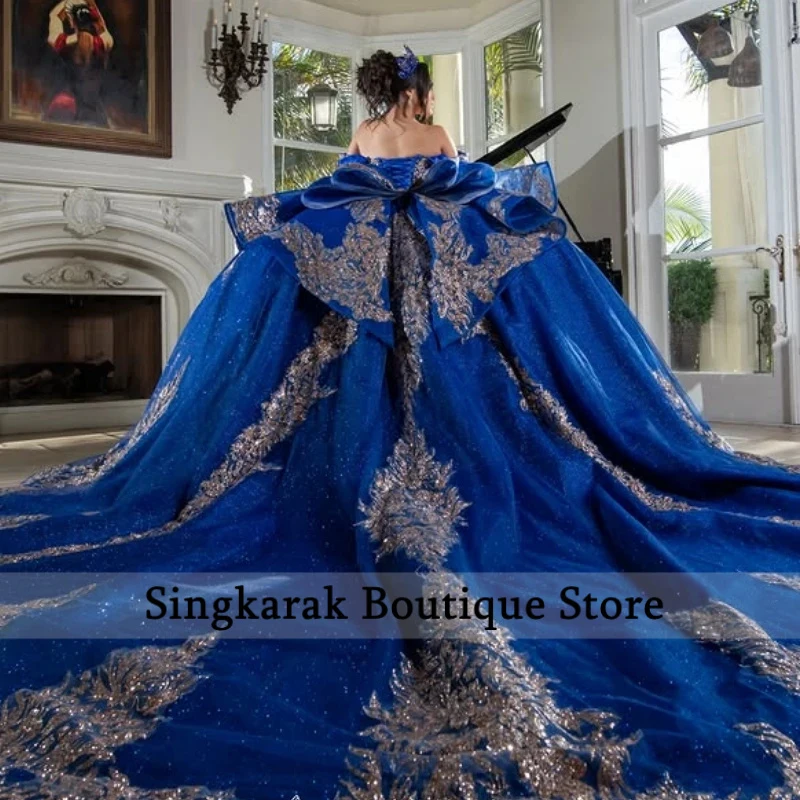 Royal Blue Shiny Ball Gown Quinceanera Dresses Sequin Applique Lace Beading Crystal Bow Tiered Tull Corset Off The Shoulder Swee