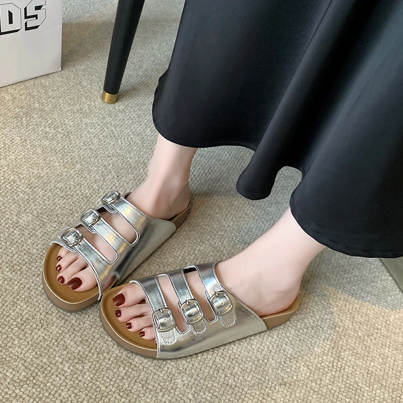 

Womens Silver Three Buckle Strap Slide Sandals Open Toe Flat Slippers Comfortable Non Slip For Summer Beach Daily Wear Casual
