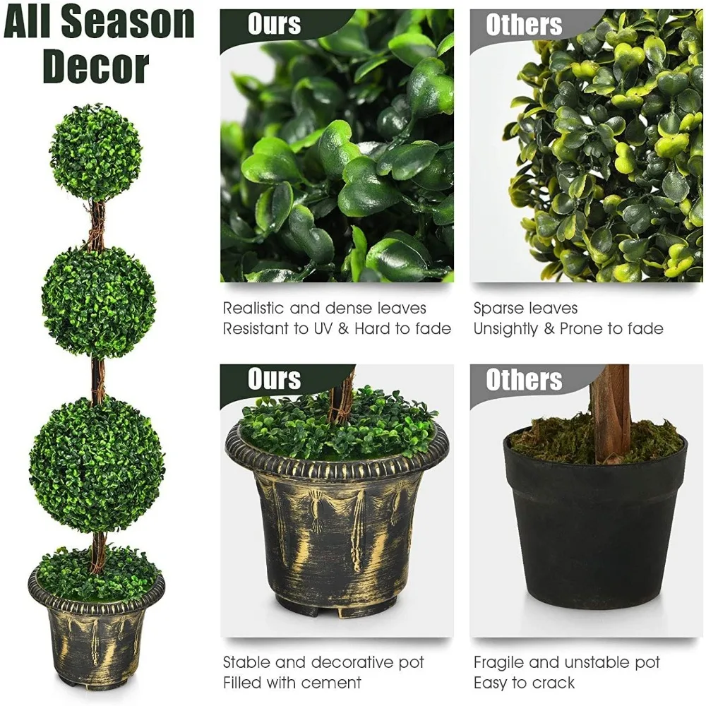 أشجار توبياري من خشب البقس الاصطناعي، عبوتان، طول 4 أقدام، نباتات خضراء، شكل كرة، وعاء أسمنتي، ديكور داخلي خارجي