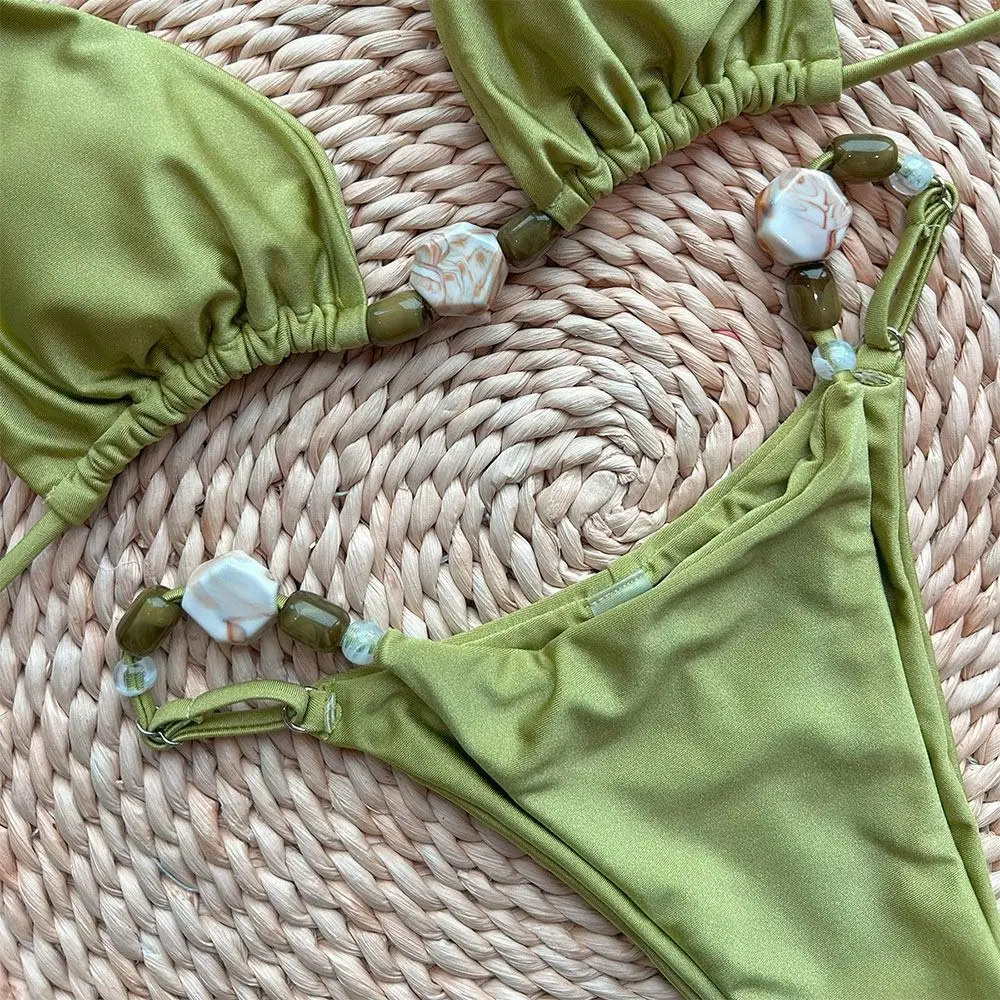 Bikini triángulo halter con cuentas para mujer playa verano - imagen 2