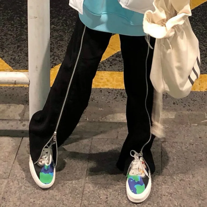 Straight Pants Women Front Slit Korean Style Trendy Spring Autumn Slim High Waist Full Length Female Streetwear Club Ins Trouser
