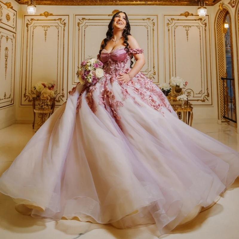 

Champagne Shiny Quinceanera Dresses Off The Shoulder Applique Flower Beading Crystal Tull Party Birthday Sweet 16 Dress Vestidos