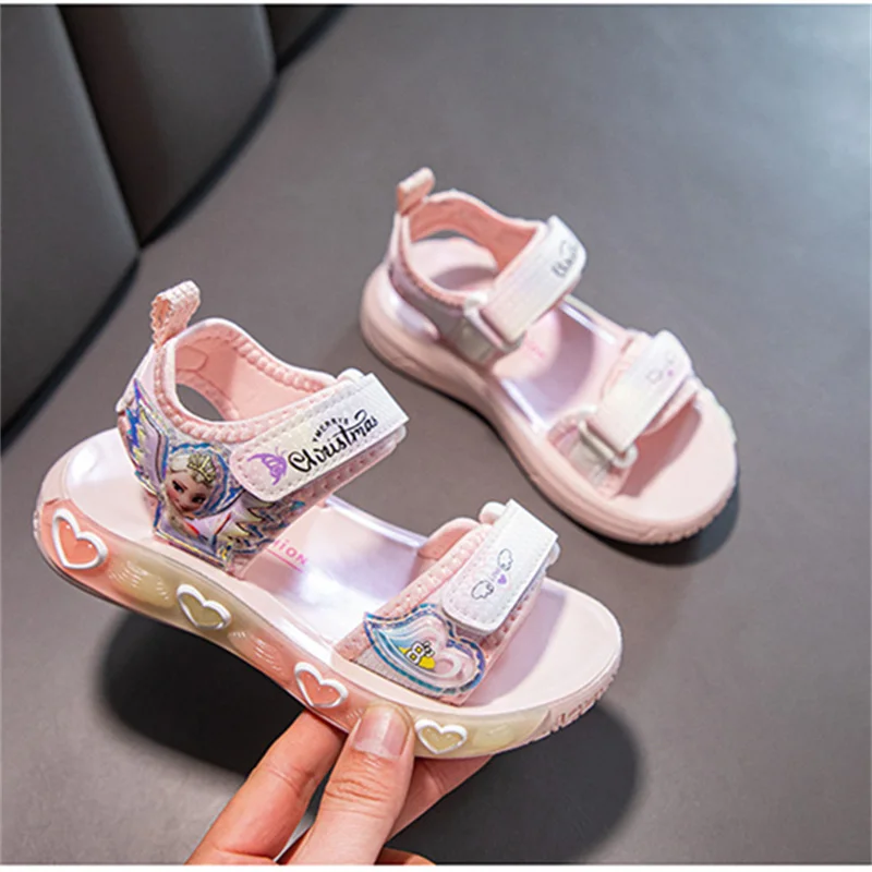 Disney Girls Frozen Elsa Princess Casual Sports Sandals Summer Kids Pink Purple Beach Sandals Non-slip Toddler Shoes Size 26-37