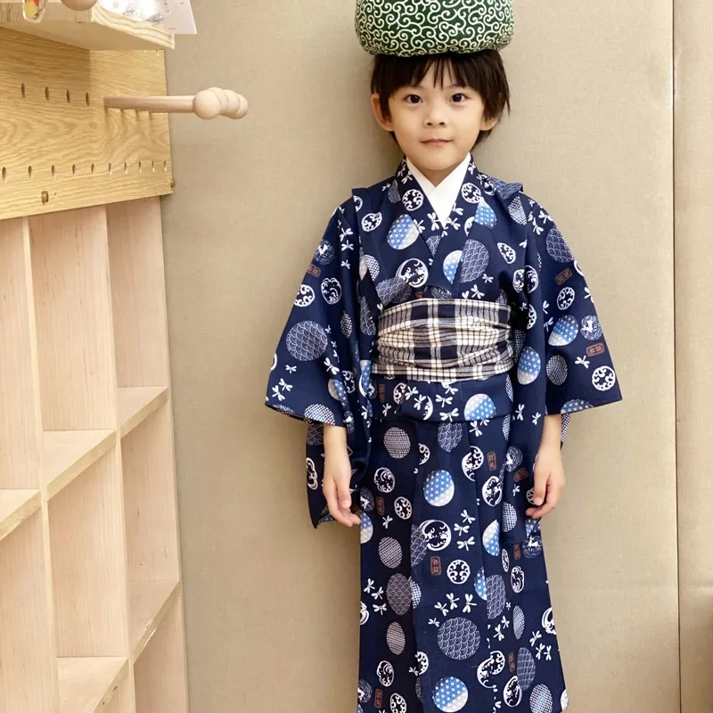 Boy Long Sleeve Formal Kimono Anti Wrinkle Japanese Style Fireworks Sea Wave Festival Children Clothing Long Robe Bathrobe ZE427