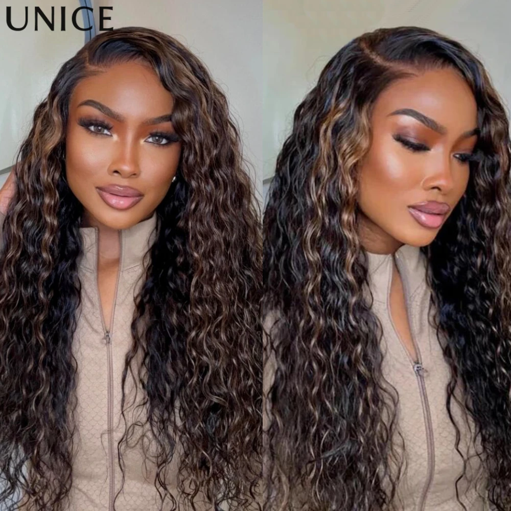 

Парик UNice из натуральных волос, коричневый с мелированием, с эффектом водной волны, с боковой челкой, 7x5, кружевной, предварительно обрезанный, предварительно обесцвеченный, без клея, плотность 150%