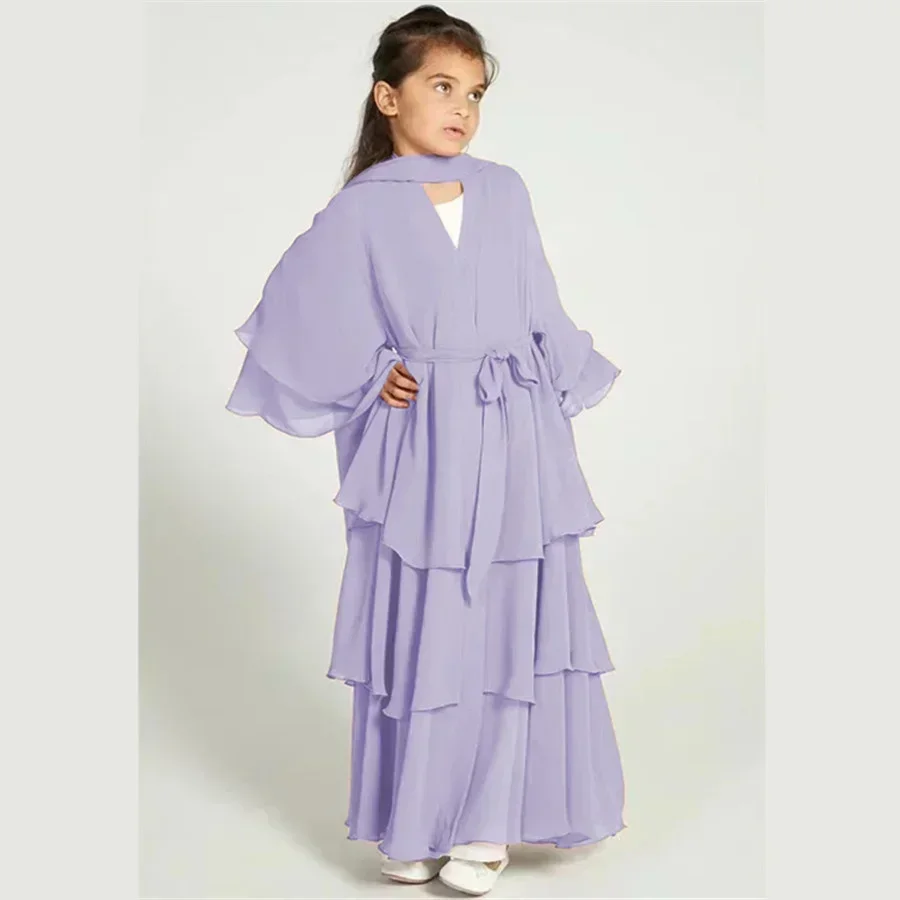 2025 Eid Musulmano Bambini Abaya Ragazze Abito in chiffon Moda Solido Lungo Caftano Abito Arabo Abbigliamento islamico per bambino Abito da preghiera modesto