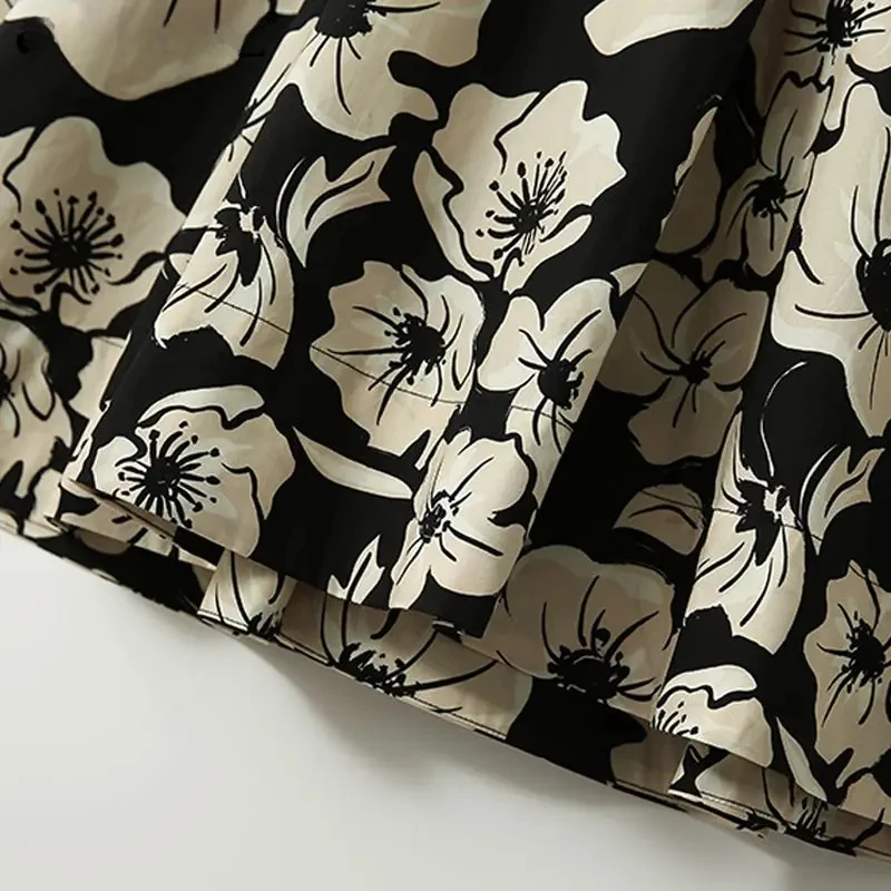 Abito da donna a vita alta con scollo a V con maniche a sbuffo vintage francese con stampa floreale 2022 Abiti a tre quarti a-line a metà polpaccio per le donne