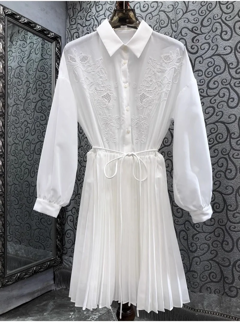 

New 2023 Autumn Dress High Quality Ladies Turn-down Collar Exquisite Embroidery String Belt Long Sleeve Casual Pleated Dress