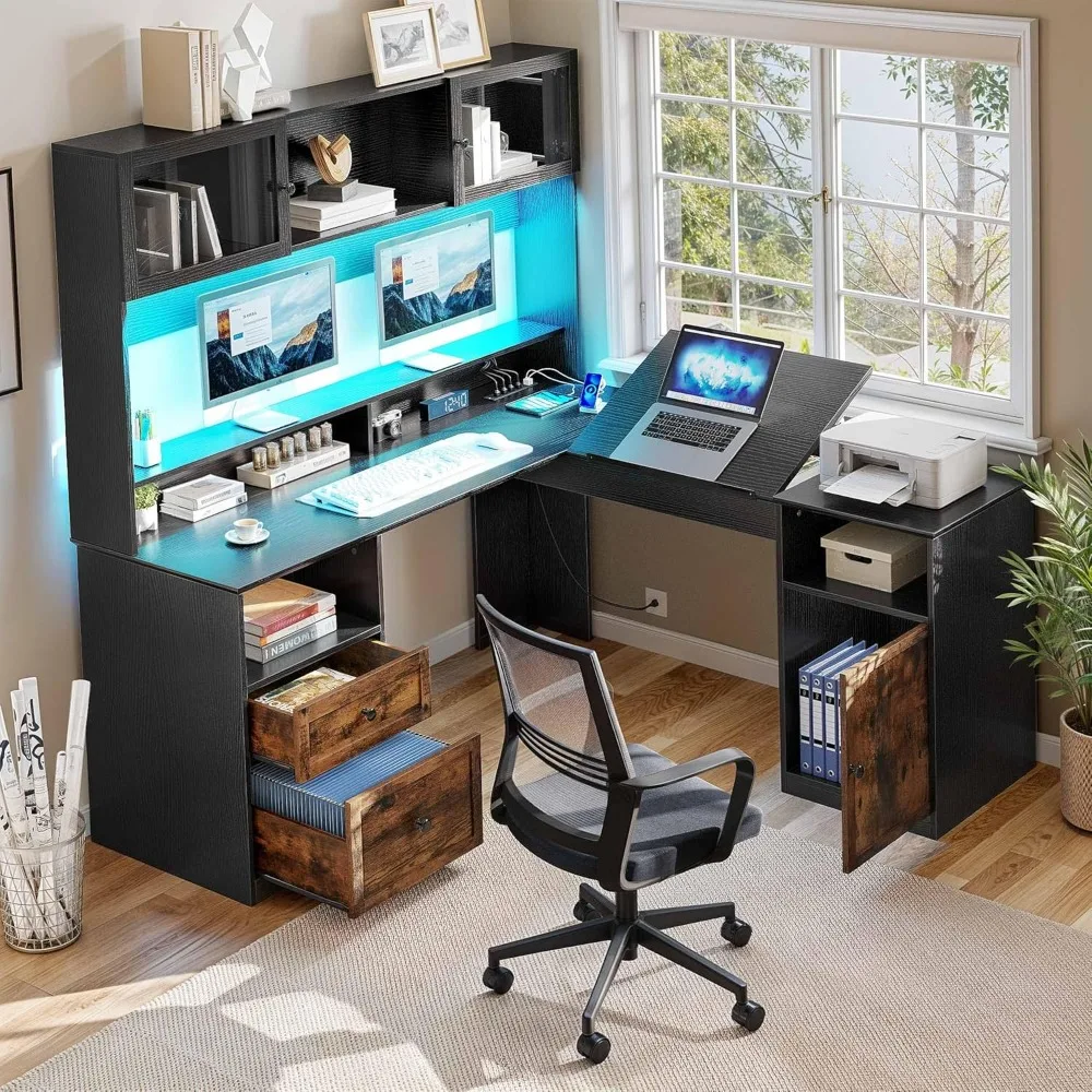 L-shaped desk with drawers and shelves, computer desk with power socket and LED light, corner desk with locker, drawing table