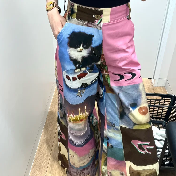 Women Floor Long Full Pants Cartoon Cat Cake Baggy Loose Wide Straight Leg #punk harajuku goth grunge y2k e-girl fairycore 2000s