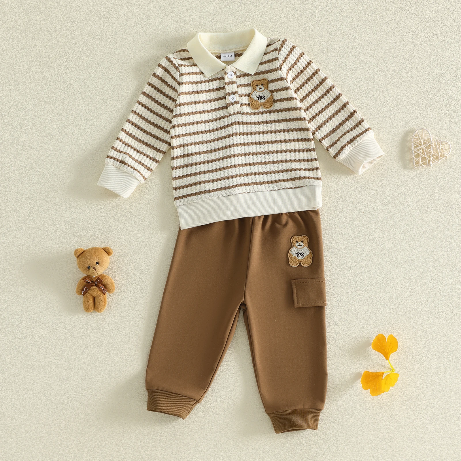 Boys 2Pcs Fall Outfits Long Sleeve Lapel Bear Patch Knit Striped Tops Jogger Pants Sets Cute Boys Autumn Clothes Set