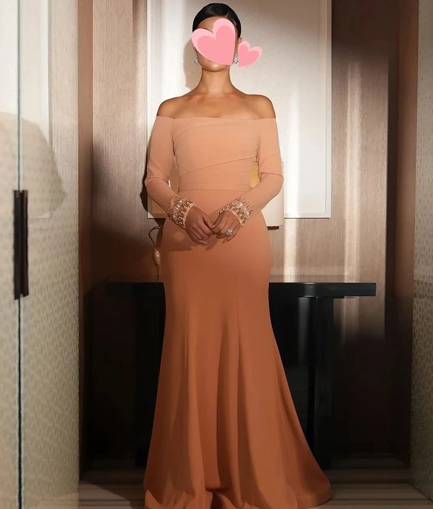 

Customized Delicate Jersey Mermaid Off the Shoulder Crystal Pearls Beading Evening Dress Temperament Long Sleeves prom dresses