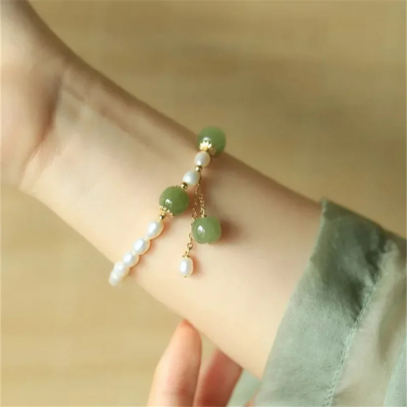 Vintage natürliche Hetian Jade Perlen natürliche Süßwasser Perle Charm Armband Party Glück handgemachte Energie Schmuck für Frauen Geschenke