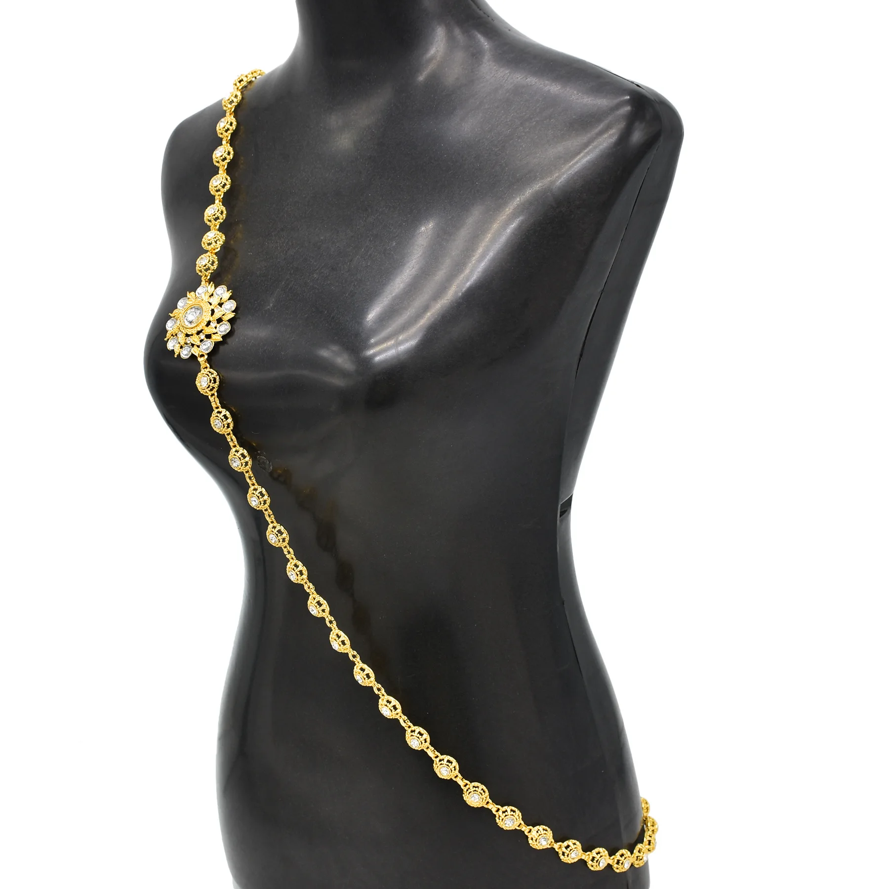 Fashion Gold Crystal Hollow Flower Shoulder Chain Body Jewelry Turkey Thai Charm Women's Diagonal Cross Necklace Body Chain