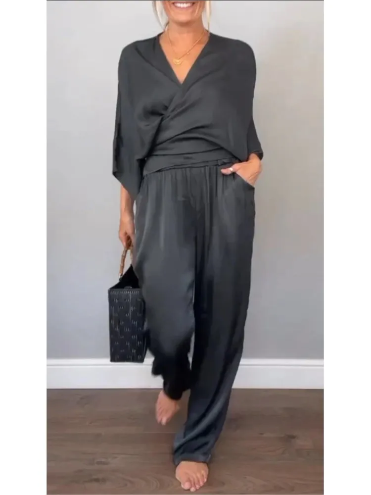 Spring Thin Satin Loose Suit Fashion Elastic Waist Straight Office Outfit Casual Women's V-neck Long Sleeved Top And Pants Sets
