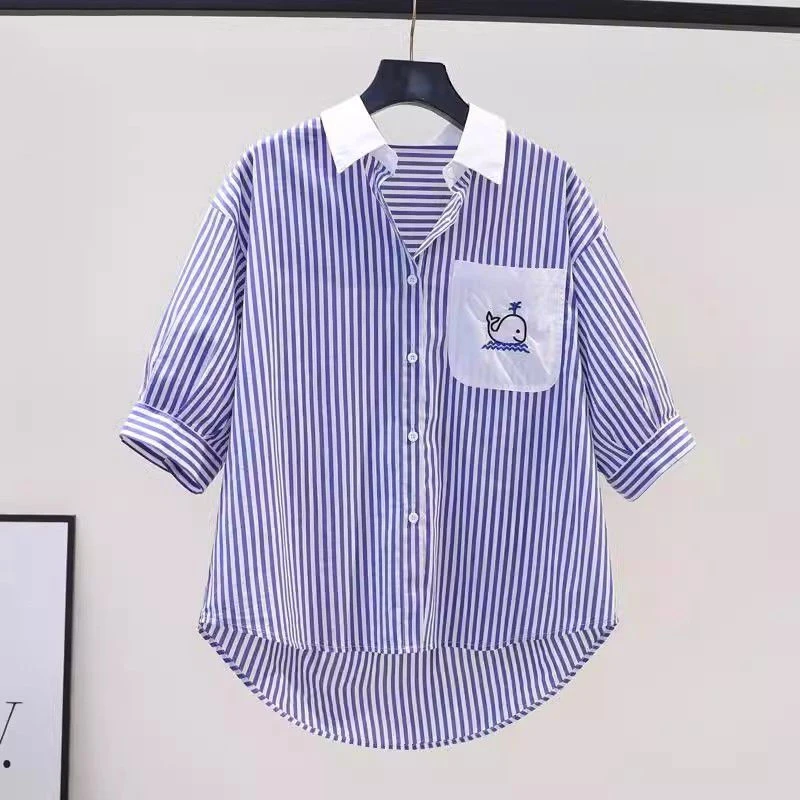 Casual Comfort Simply Short Sleeved Blue Striped Embroidery Shirt for Women\'s Summer Loose Slimming Trendy Contrasting Color Top