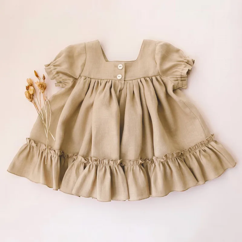 Baby Girls Cotton and Linen Dress Summer New Style Button Casual Loose Baby Dresses Kids Baby Short Sleeve Clothes