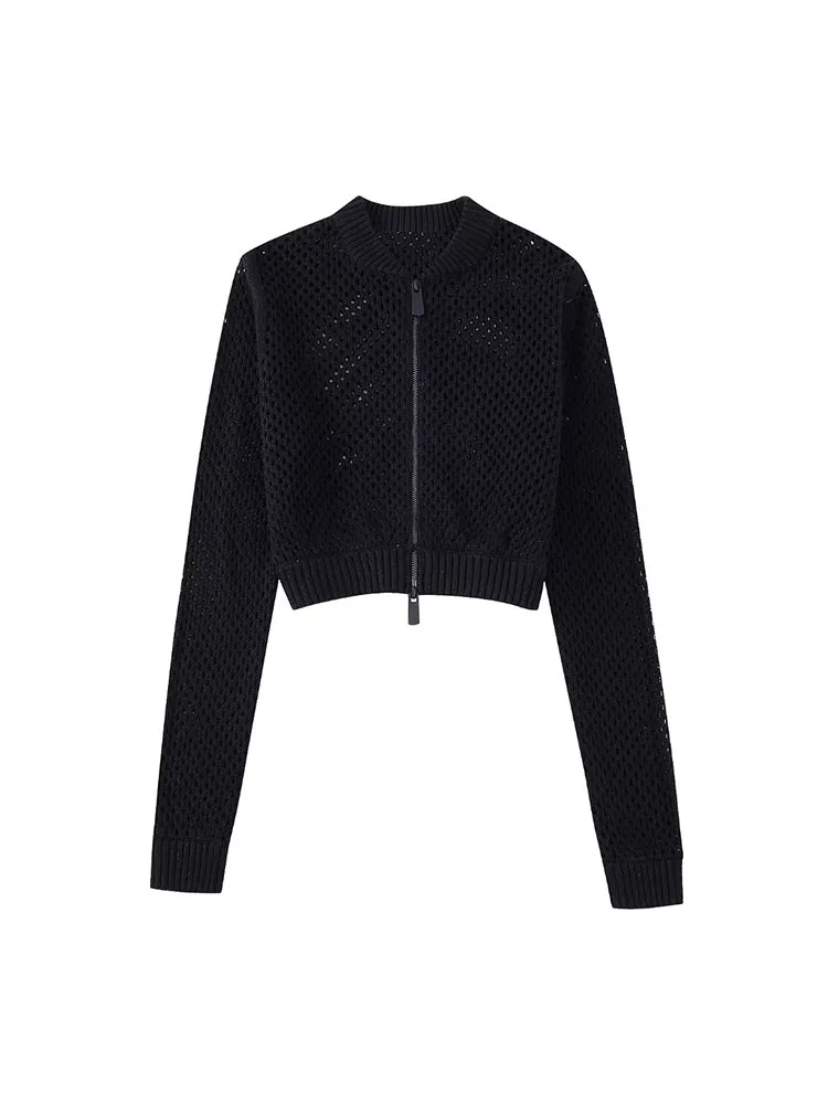 

Women New Fashion Hollowed out Cropped Knitted flying Jacket Coat Long Sleeve zipper Female Outerwear Chic Overshirt 6216/100