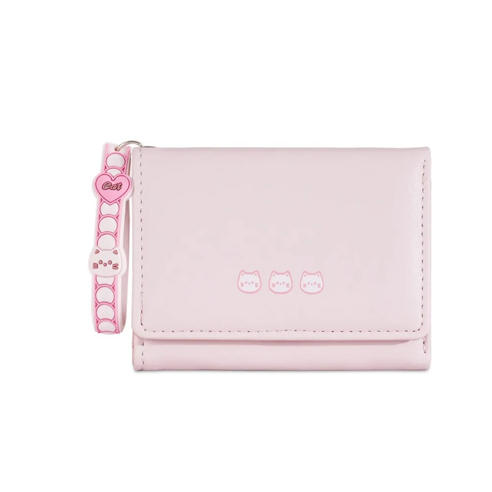 Cute Pink Color Short Wallet With Hand Strap Solid Color Card Bag Cartoon Bear Cash Bag Women