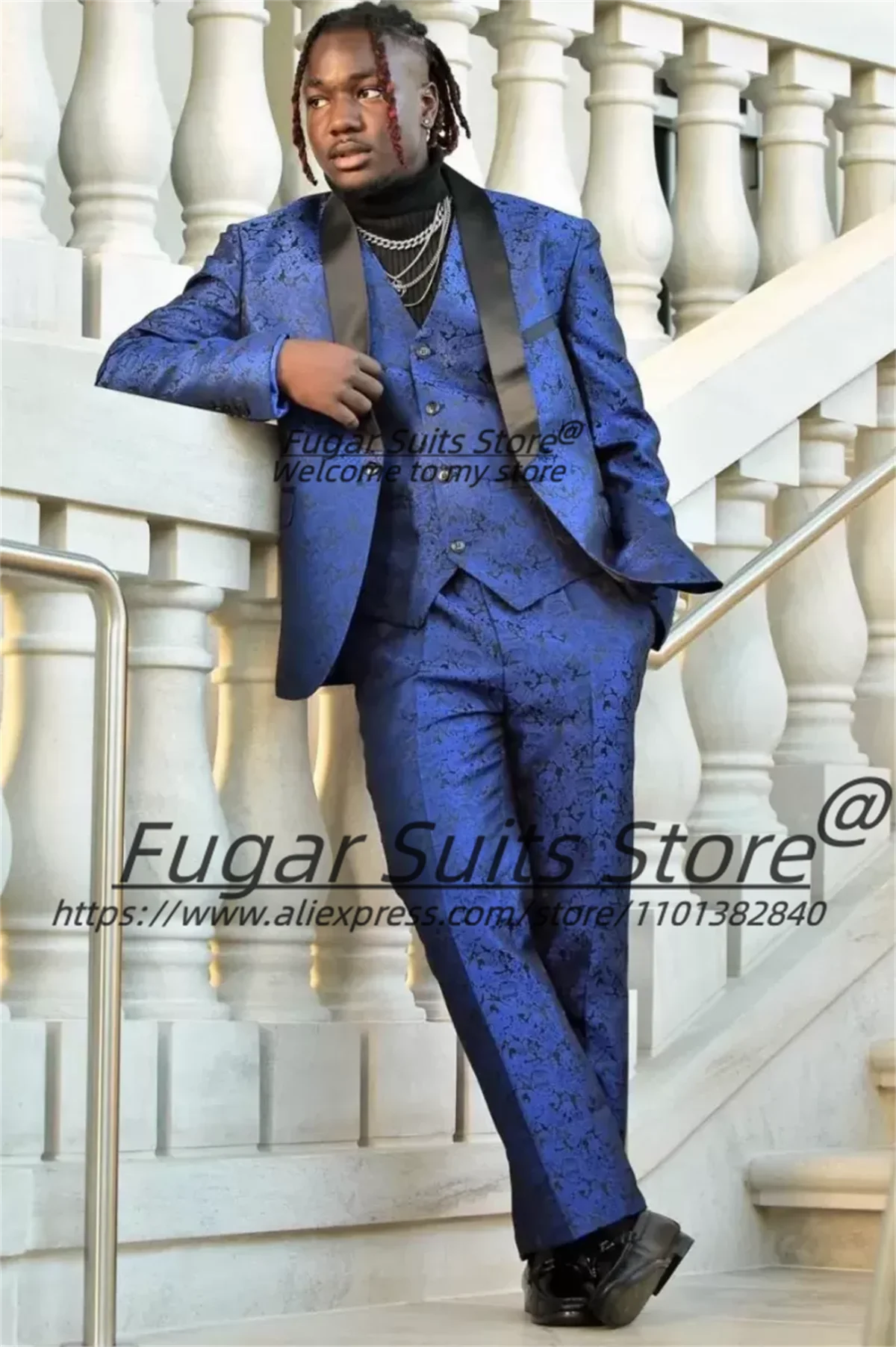 

High-end Generous Navy Jacquard Prom Men Suits Customized Slim Fit Satin Shawl Lapel Groom Wedding Tuxedos 3 Pcs Sets Ropa Hobre