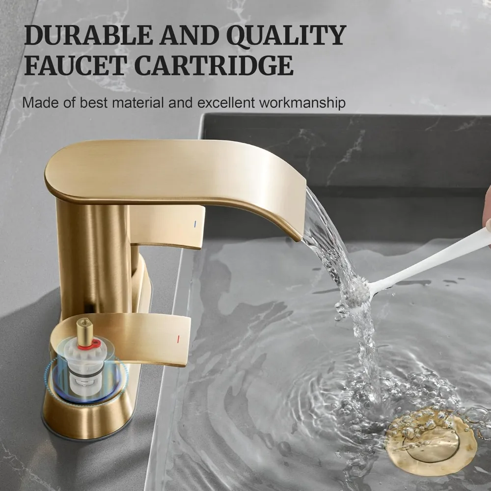 صنبور حمام Ultimate Unicorn بلون الشمبانيا، مجموعة مركزية مقاس 4 بوصات بمقبضين (2/3 فتحات) مع استنزاف منبثق #4