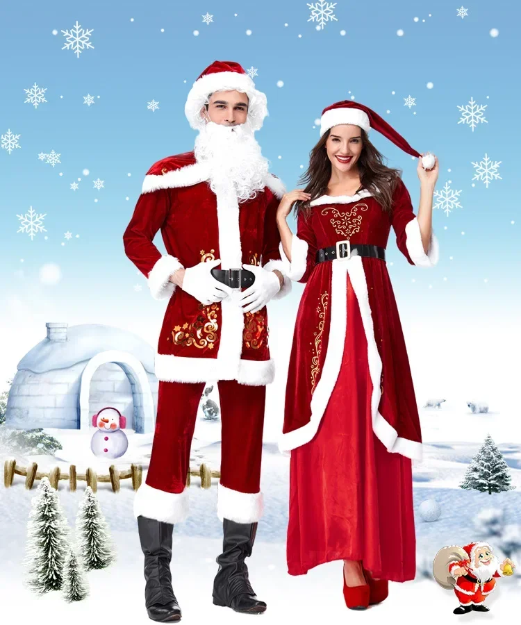 Full Set Of Christmas Costumes Santa Claus For Adults Red Christmas Clothes Santa Claus Costume Luxury Suit With White Beard