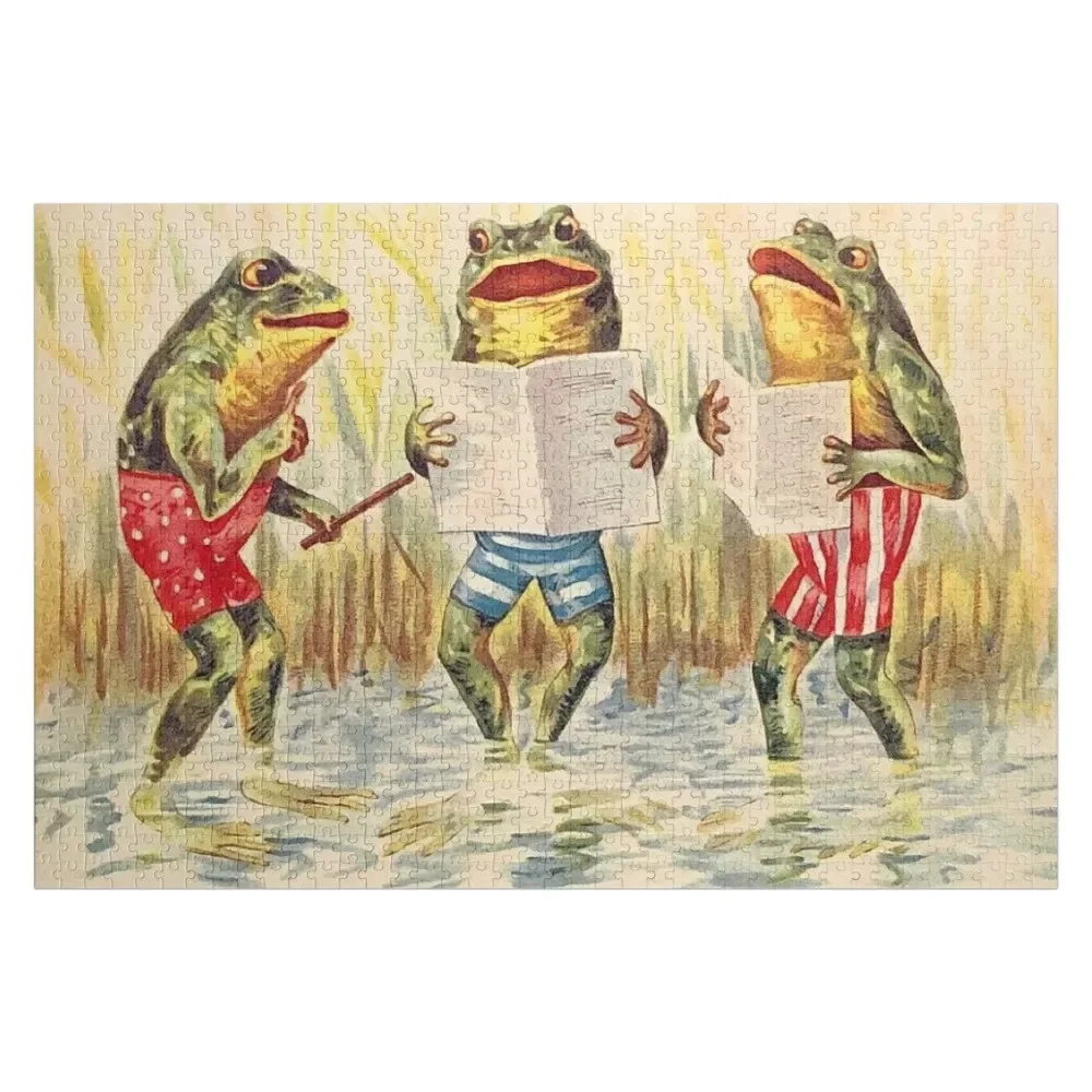 

FROG SINGING TRIO : Vintage Entertainment Print Jigsaw Puzzle Wooden Name Scale Motors Picture Baby Toy Puzzle