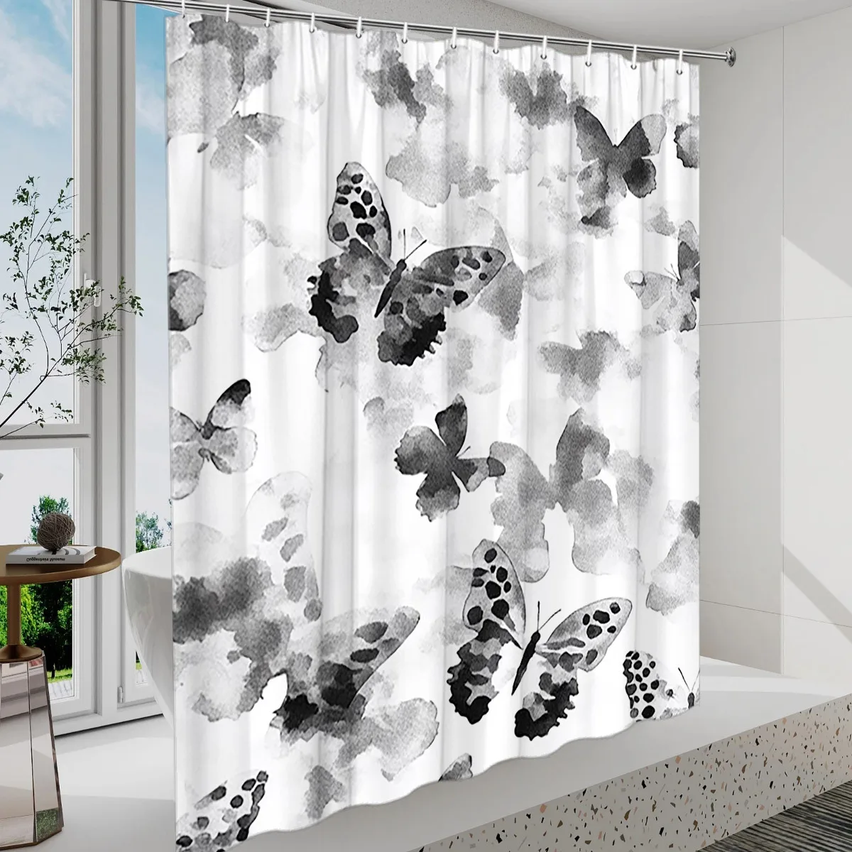

Delicate Butterflies Watercolor Shower Curtain - Soft Black & White, Abstract Dreamy Background, Polyester