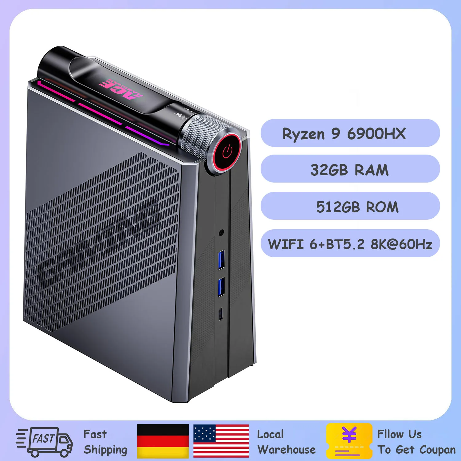 Mini PC Gaming AMD Ryzen 9 6900HX(8C/16T up to 4.9 GHz)32GB DDR5 1TB NVME PCIe3.0 SSD AMD Radeon 680M Micro Desktop Computer