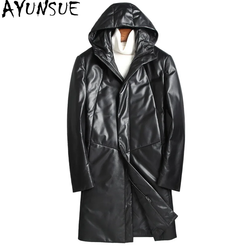 

AYUNSUE пуховое пальто из натуральной овчины, мужская зимняя модная куртка с капюшоном на белом утином пуху, мужские куртки из натуральной кожи средней длины