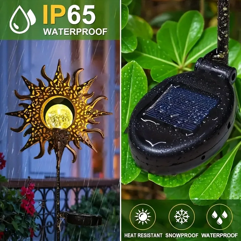 1PC พลังงานแสงอาทิตย์รูปปั้นดวงอาทิตย์ Light, Cracked Glass Ball LED Garden Decor-IP65 กันน้ําสําหรับ Courtyard/สนามหญ้า/ลาน/เส้นทาง (Warm White)