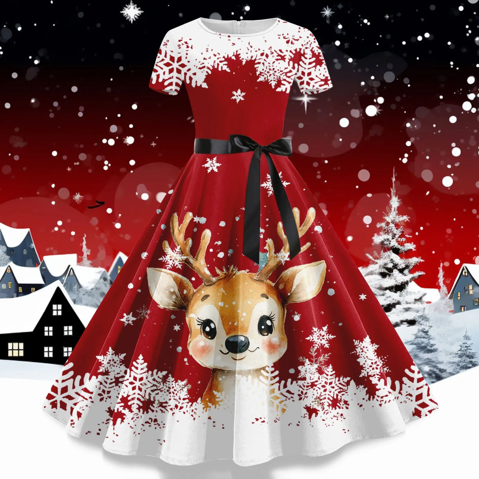 Robe Christmas Dresses for Women Winter Pinup Rockabilly Cosplay Party Dress Santa Claus Snow Elk Print Cocktail Prom Dress