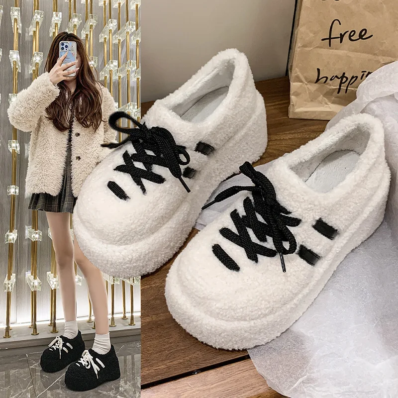 

Зимние женские массивные меховые шлепанцы 2025 года | Уличные тапочки с закрытым носком | Туфли, увеличивающие рост на флисовой подкладке