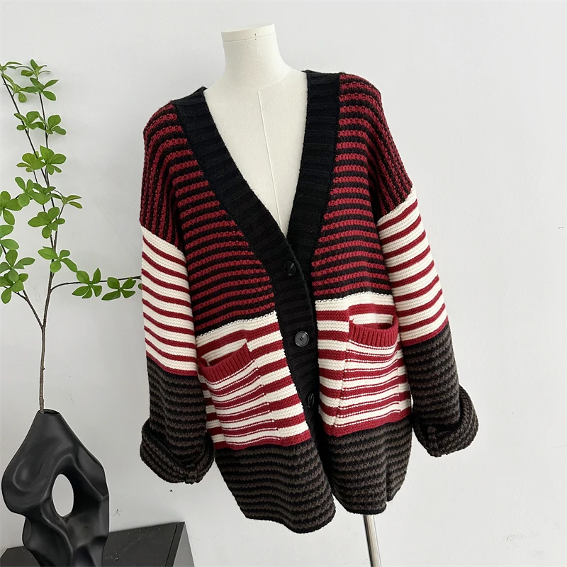 [ZOCI] Giacca cardigan ampia stile maglione lavorato a maglia a righe rosse spesse in lana di pecora