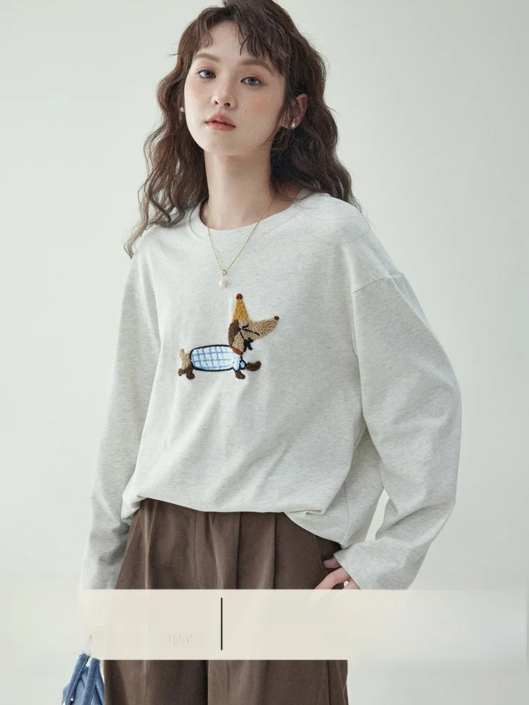 

AMUU оригинальная корейская круглая женская футболка с вышивкой животных Ne Color Long Sve, новая весенняя свободная хлопковая футболка