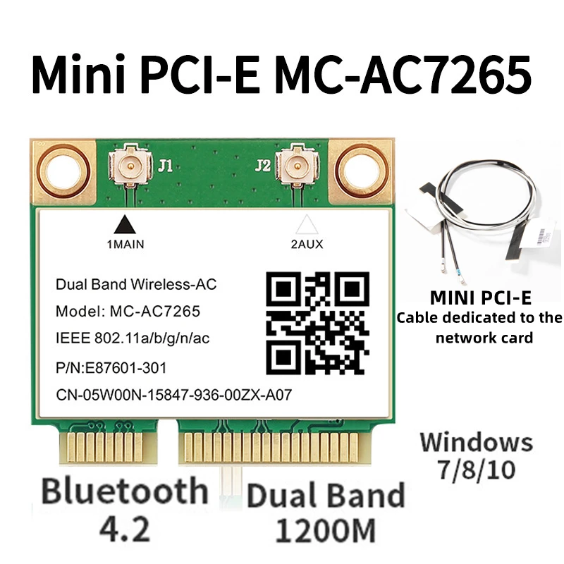 Wifi Network Card 1200Mbps Bluetooth 4.2 Mini PCI-E MC-AC7265 Wifi 5 802.11ac 2.4G 5Ghz With Cable Fast Network Card