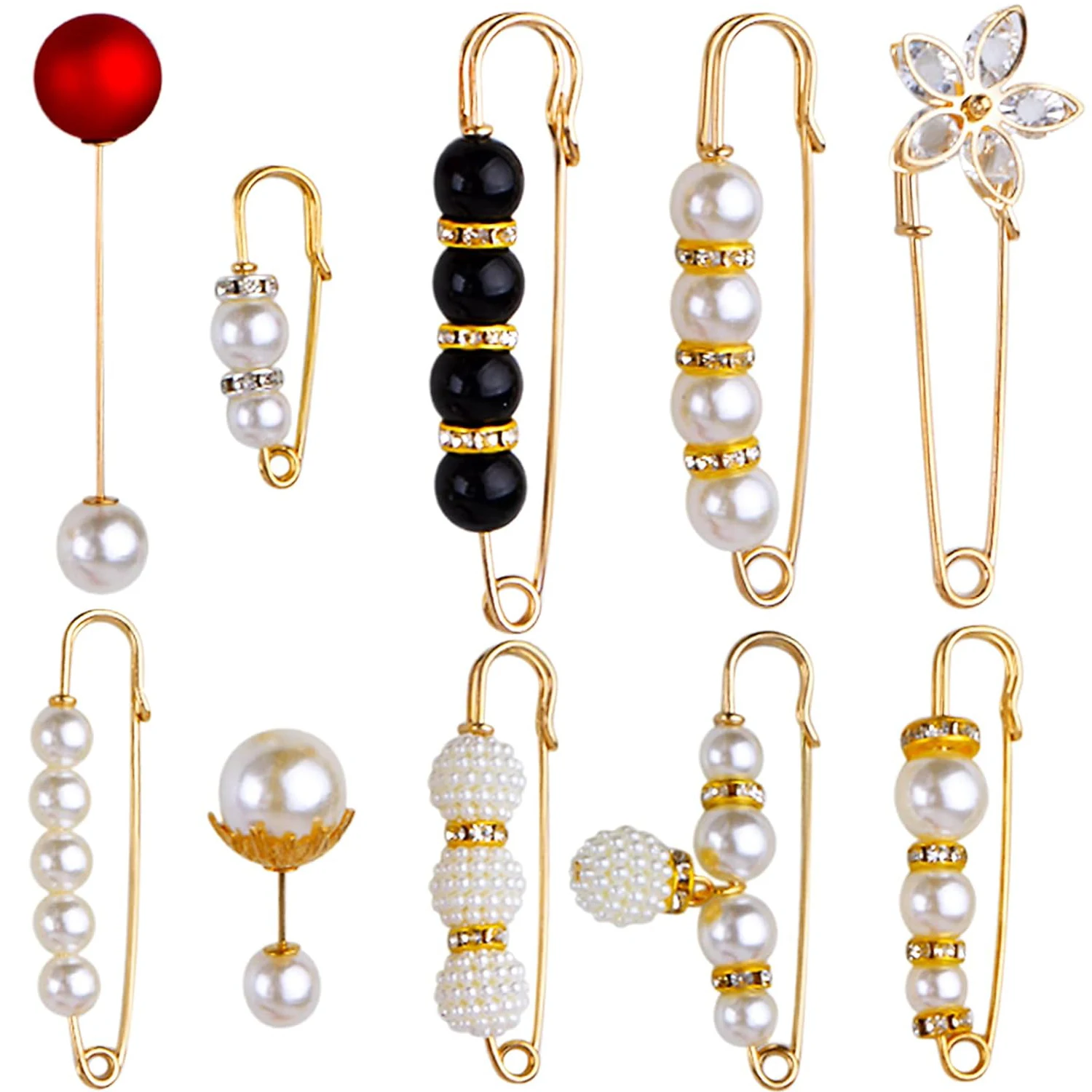 

10pcs Heavy Duty Safety Pins Metal Large Safety Blanket Pins Brooch Pins with White Pearl Rhinestones Accessories for Clothing