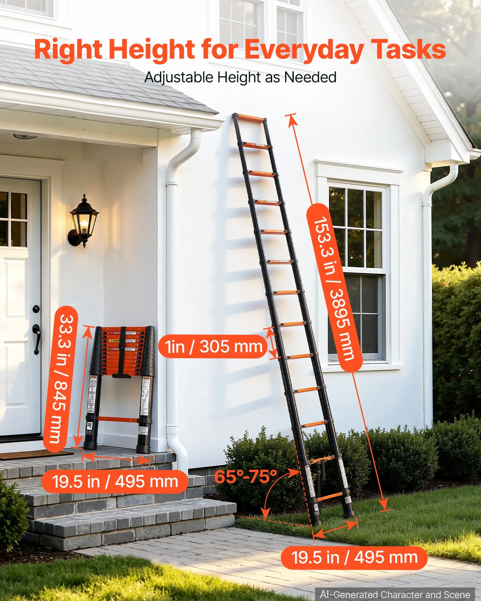 Telescoping Ladder, 12.5 ft Extension Ladder Multi-Button Retraction, Heavy-Duty 330 lbs Capacity, Painting, Window Cleaning and RV, Aluminum, Anti-Slip Steps, Orange & Black